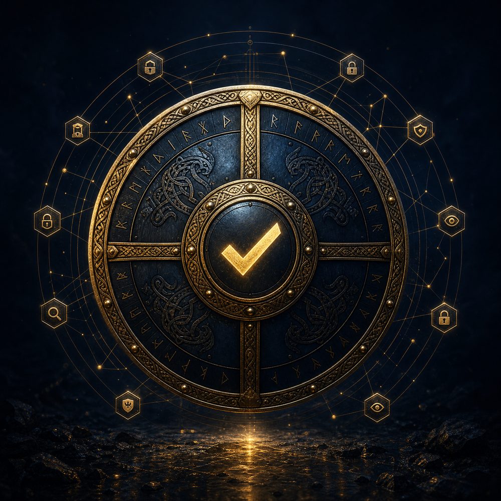 Ornate golden Norse shield with a verification checkmark, surrounded by digital security nodes
