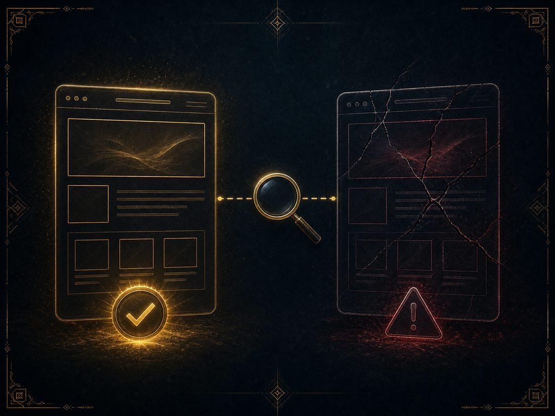 Comparison illustration of a verified golden website layout beside a cracked, flagged duplicate