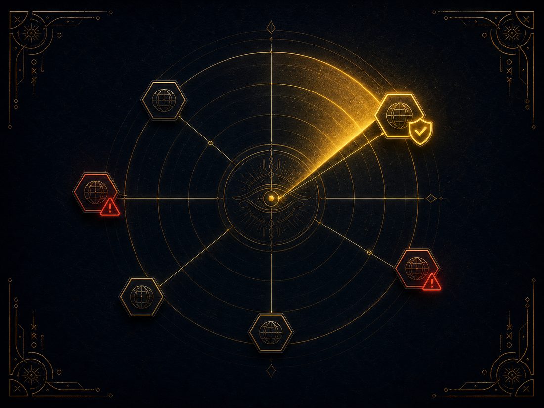 Golden radar illustration monitoring domain nodes, one verified and two flagged