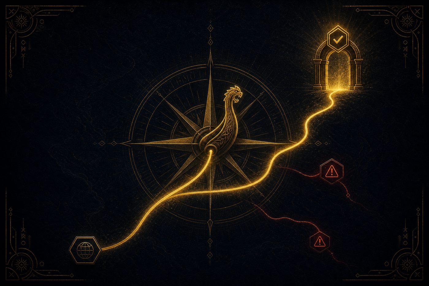 Golden Norse compass illustration with a lit path leading to a verified gateway