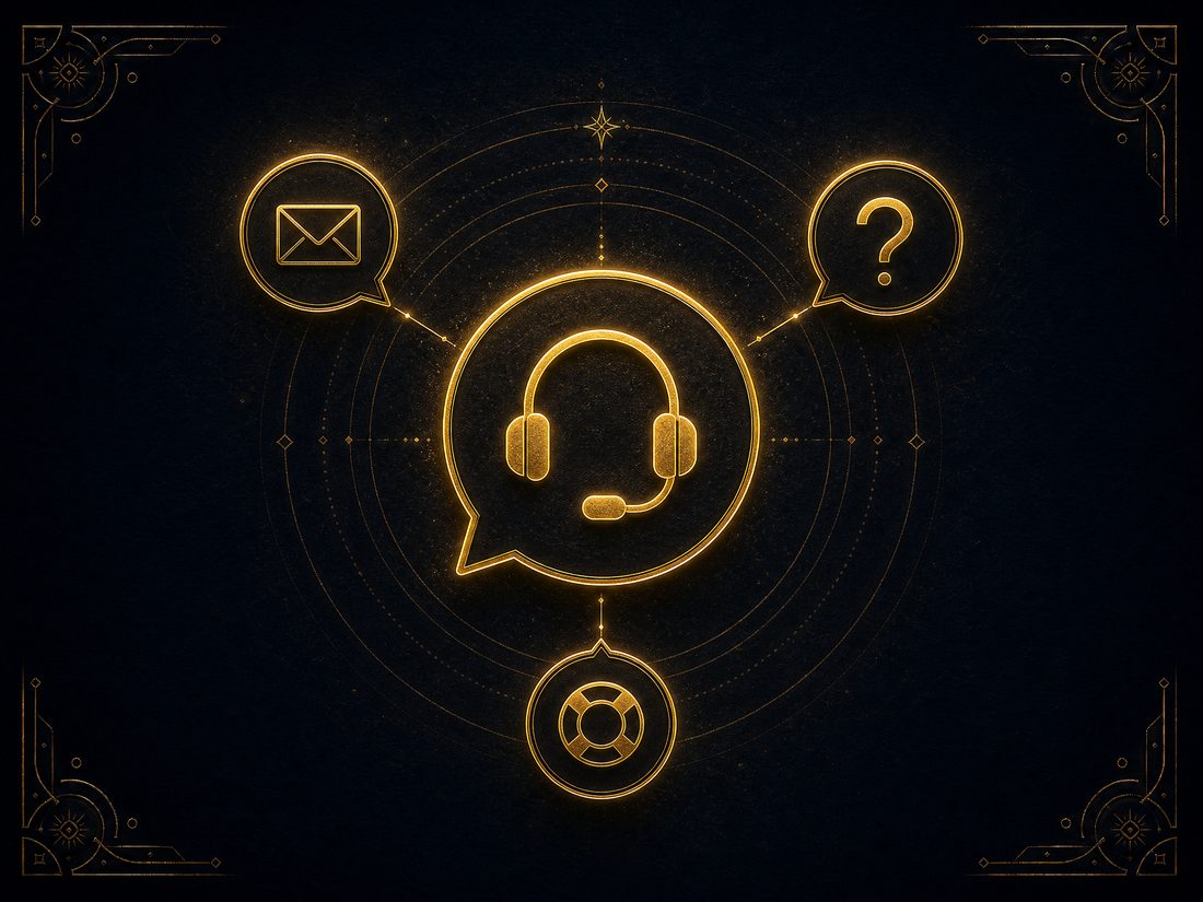 Golden line illustration of a support headset inside a chat bubble with satellite help icons
