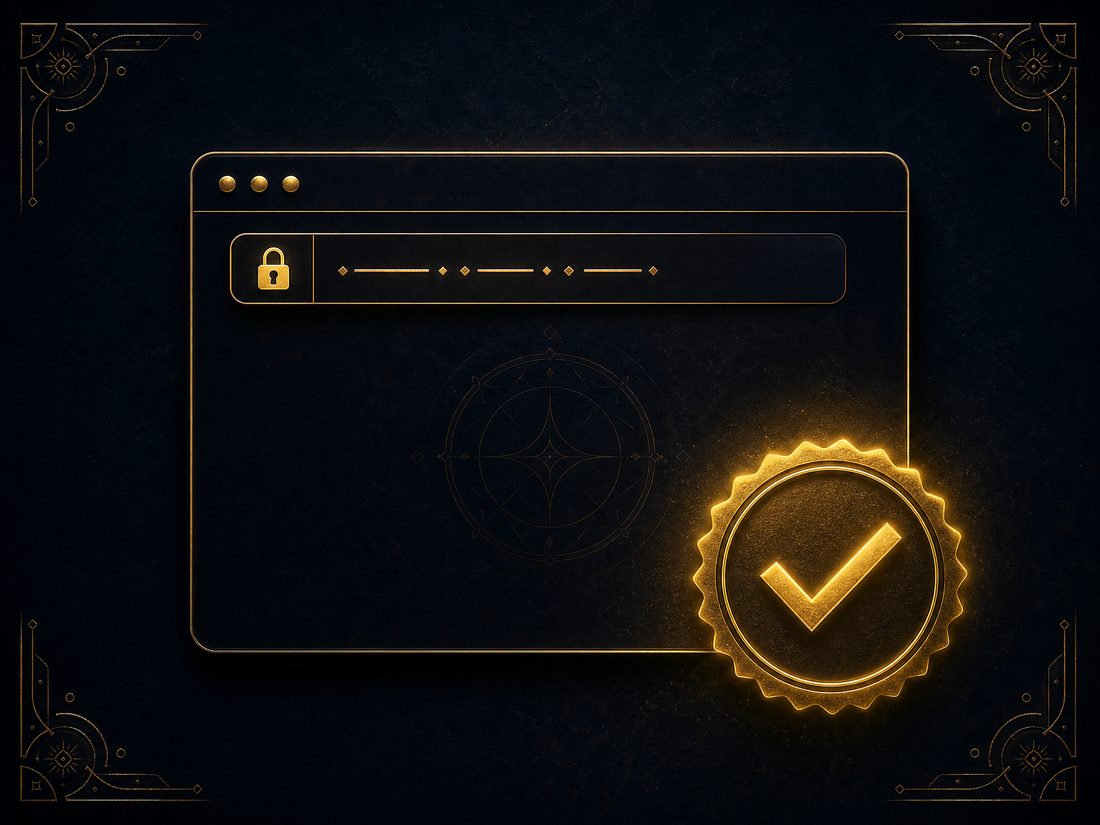 Illustration of a browser address bar with a padlock and a golden verified seal